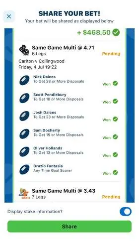 AFL winning bet slip: Multi — 2 SGMs @ 4.71 + 3.43, paid +$468.50