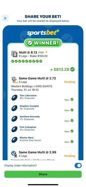AFL winning bet slip: 9-Leg Multi, Stake $100 @ 8.13, paid +$813.28