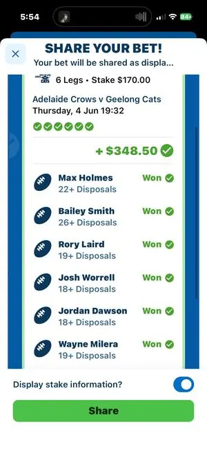 AFL winning bet slip paying +$348.50