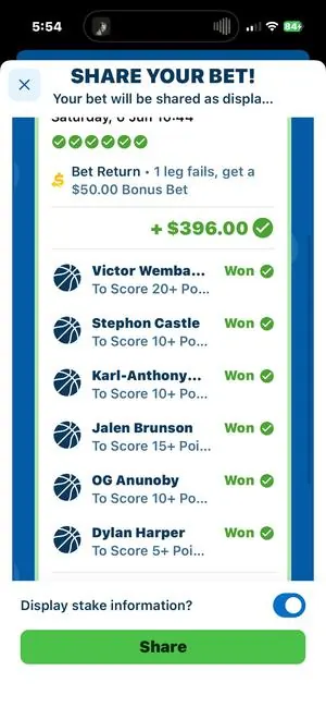 AFL winning bet slip paying +$356.25