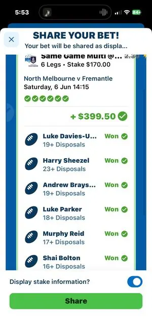 AFL winning bet slip paying +$399.50