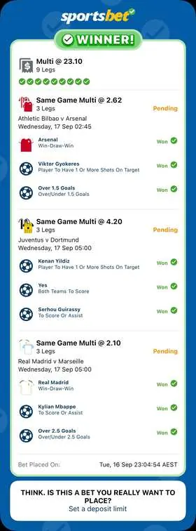 EPL winning bet slip: 9-Leg Multi, 3 SGMs @ 23.10