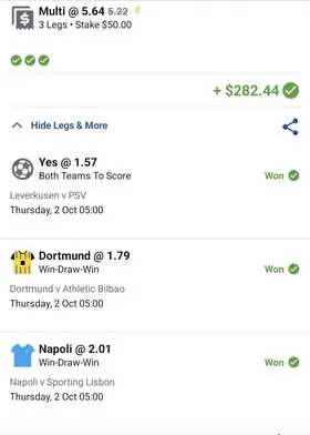 EPL winning bet slip: 3-Leg Multi, Stake $50 @ 5.64, paid +$282.44