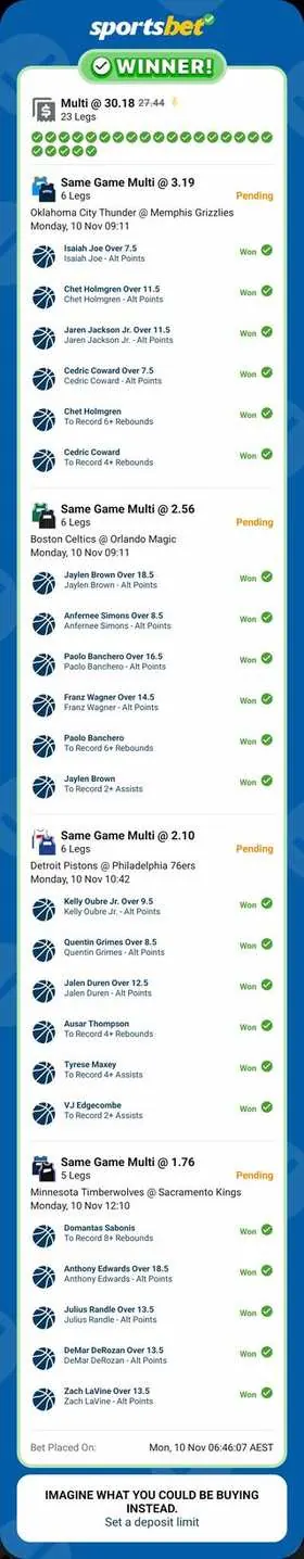 NBA winning bet slip: 19-Leg Multi, Stake $500 @ 14.71, paid +$7,405.56