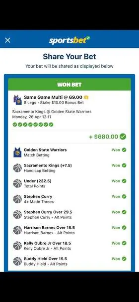 NBA winning bet slip: Same Game Multi, 8 Legs, Bonus Bet $10 @ 69.00, paid +$680.00