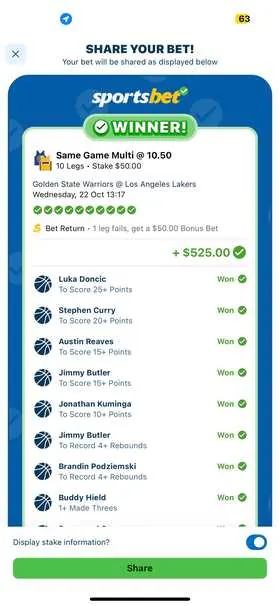 NBA winning bet slip: Same Game Multi, 10 Legs, Stake $50 @ 10.50, paid +$525.00