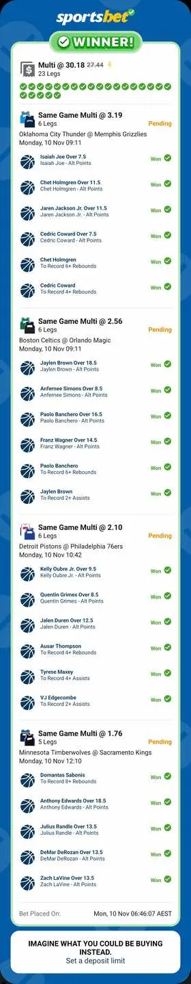 NBA winning bet slip: 23-Leg Multi, 4 Same Game Multis @ 30.18