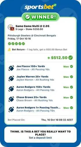 NFL winning bet slip: 34-Leg Multi, 2 SGMs @ 87.43