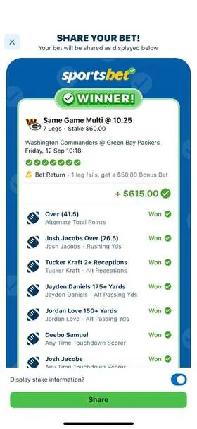 NFL winning bet slip: Same Game Multi, 7 Legs, Stake $60 @ 10.25, paid +$615.00