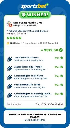 NFL winning bet slip: Same Game Multi, 5 Legs, Stake $250 @ 2.05, paid +$512.50