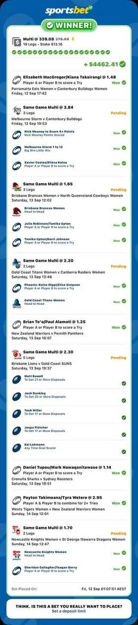 NRL winning bet slip: 6-Leg Multi, Stake $30 @ 45.24, paid +$1,357.43