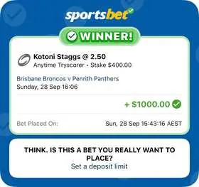 NRL winning bet slip: Anytime Tryscorer, Stake $400 @ 2.50, paid +$1,000.00