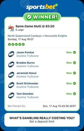 NRL winning bet slip: Same Game Multi, 5 Legs @ 83.50