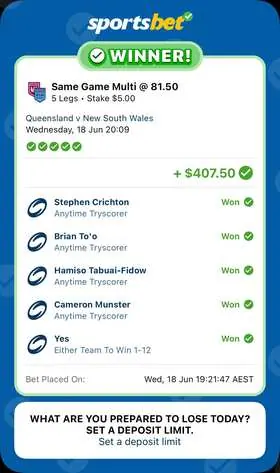 NRL winning bet slip: Same Game Multi, 5 Legs, Stake $5 @ 81.50, paid +$407.50