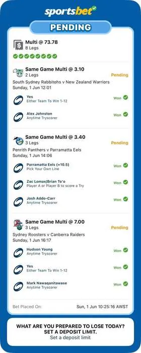 NRL winning bet slip: 8-Leg Multi, 3 Same Game Multis @ 73.78